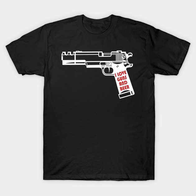 Funny Gun, I Love Guns And Beer, Gun Lover T-Shirt by Jakavonis